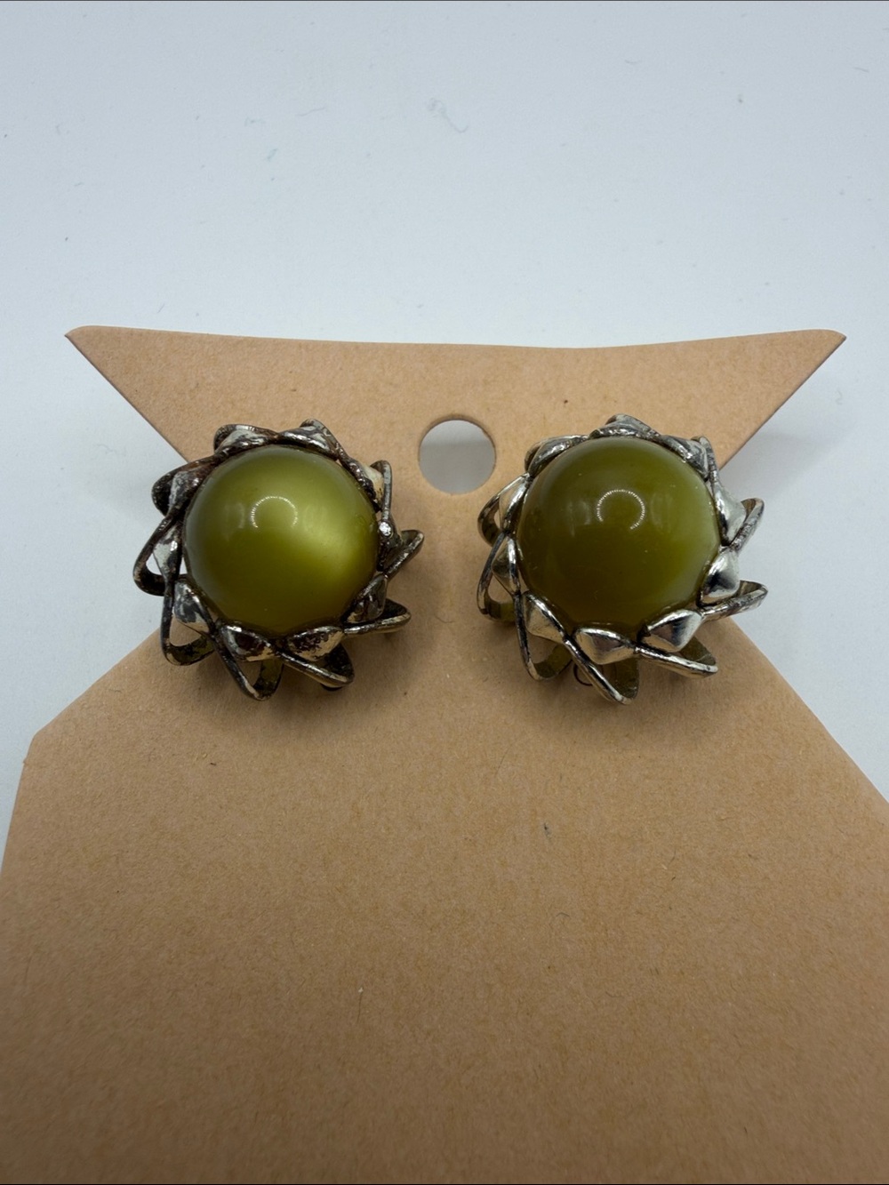 Vintage Olive Green Cabochon Clip-On Earrings Silver Tone Floral
